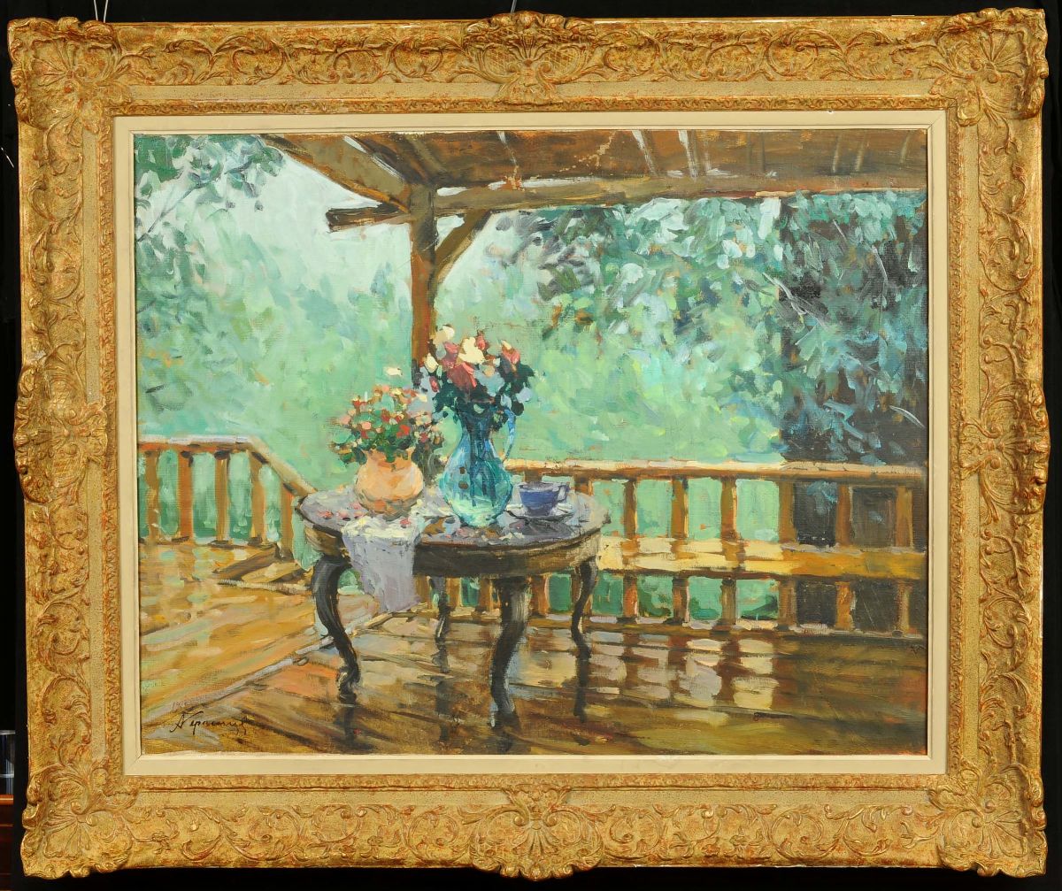 Sergei Gerasimov (1885-1964)terrazza con Tavolo e Vasi di Fiori