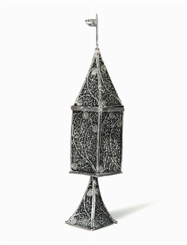 A silver bessamin tower, Hebrew art, 1800s