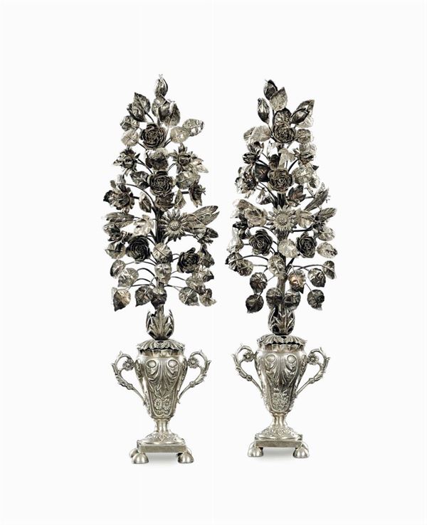 A pair of portapalme vases in molten, embossed and chiselled silver, Sicily 19th century