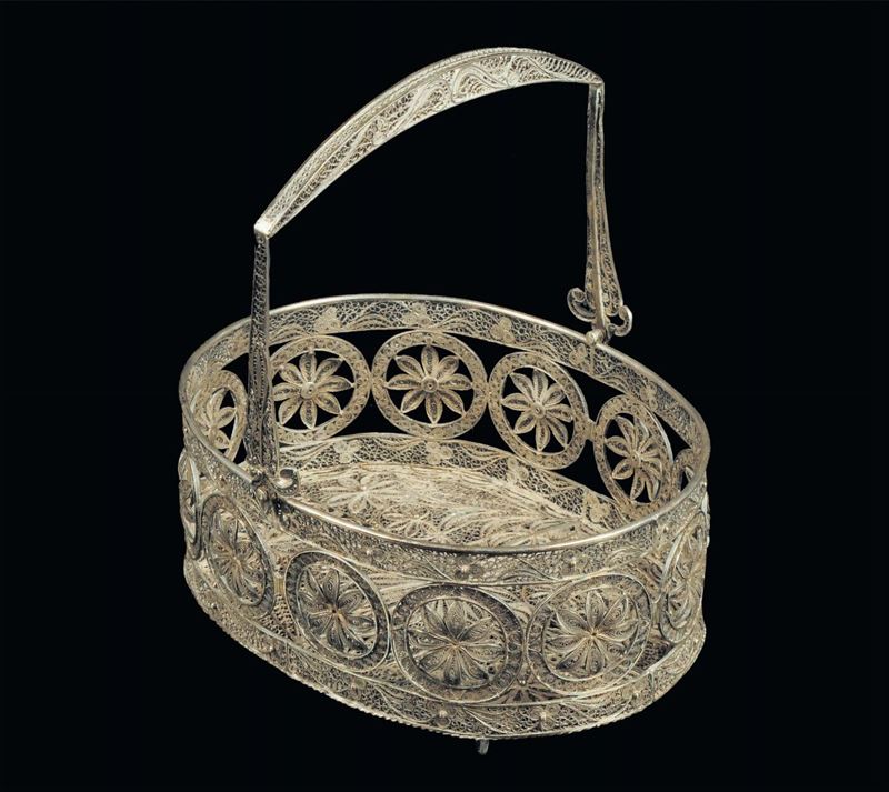 Cestino di forma ovale in filigrana d’argento, fine XIX secolo  - Auction Antiques and Old Masters - Cambi Casa d'Aste