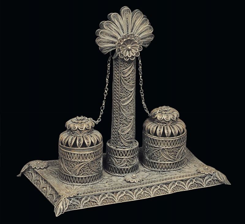 Calamaio in filigrana d’argento, Manifattura italiana del XIX secolo  - Auction Silvers and Jewels - Cambi Casa d'Aste