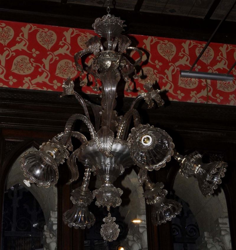 Lampadario a sei luci  di Murano in vetro bianco, anni '30-'40  - Auction Antiques and Old Masters - Cambi Casa d'Aste
