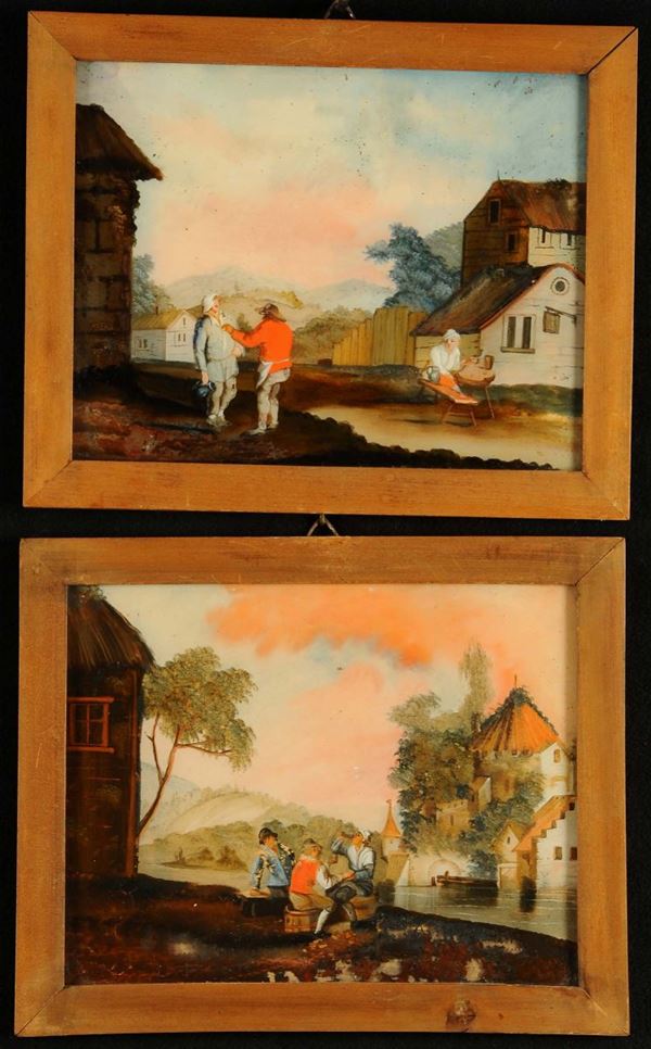 Due dipinti sottovetro raffiguranti paesaggi e personaggi