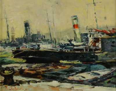 Dipinto Ad Olio su Masonite Raffigurante Nave in Porto