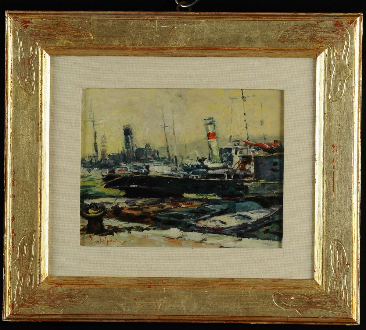 Dipinto Ad Olio su Masonite Raffigurante Nave in Porto