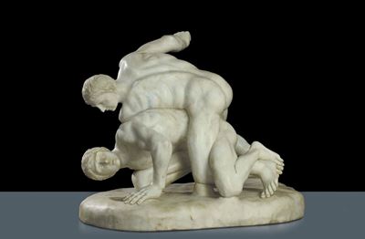 Scultura in Marmo Bianco Raffigurante Lottatori in Stile Classico, Firmata J. Pradier e Datata 18...