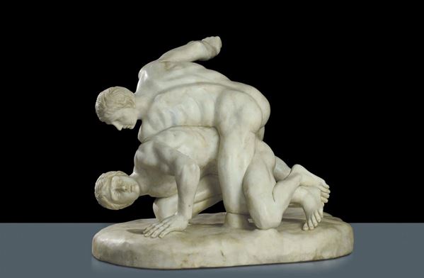 Scultura in marmo bianco raffigurante lottatori in stile classico, firmata J. Pradier e datata 1848