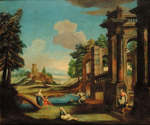 Scuola Veneta del XVIII secolo Paesaggio con architetturePaesaggio con architetture