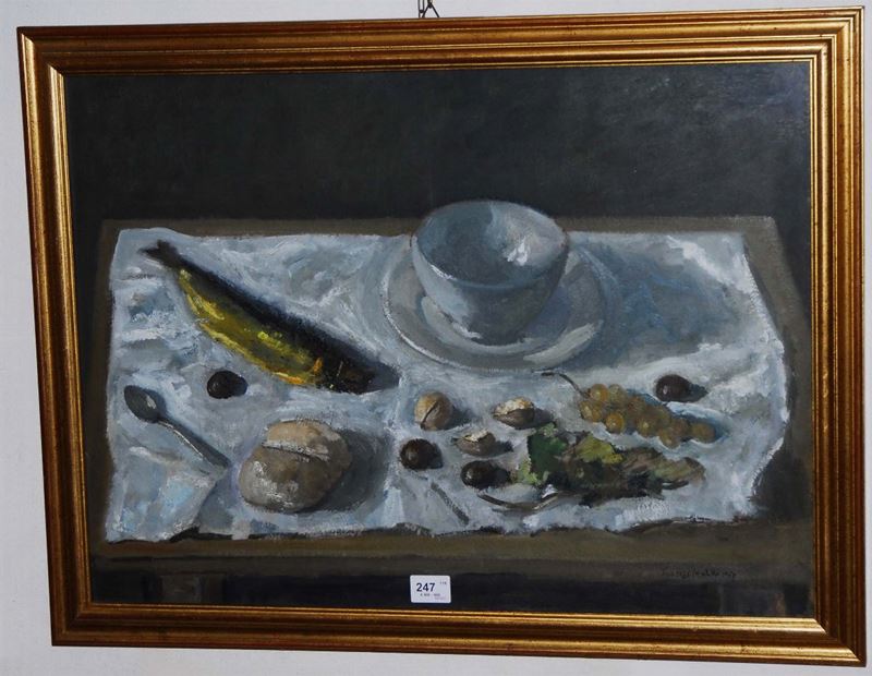 Giuseppe Cardillo (1927) Natura morta con pane e aringa, 1958  - Asta Dipinti del XIX e XX secolo - II - Cambi Casa d'Aste