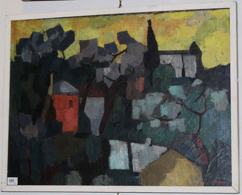Guido Basso (1923-1995) Paesaggio con cielo giallo, 1952  - Asta Dipinti del XIX e XX secolo - II - Cambi Casa d'Aste