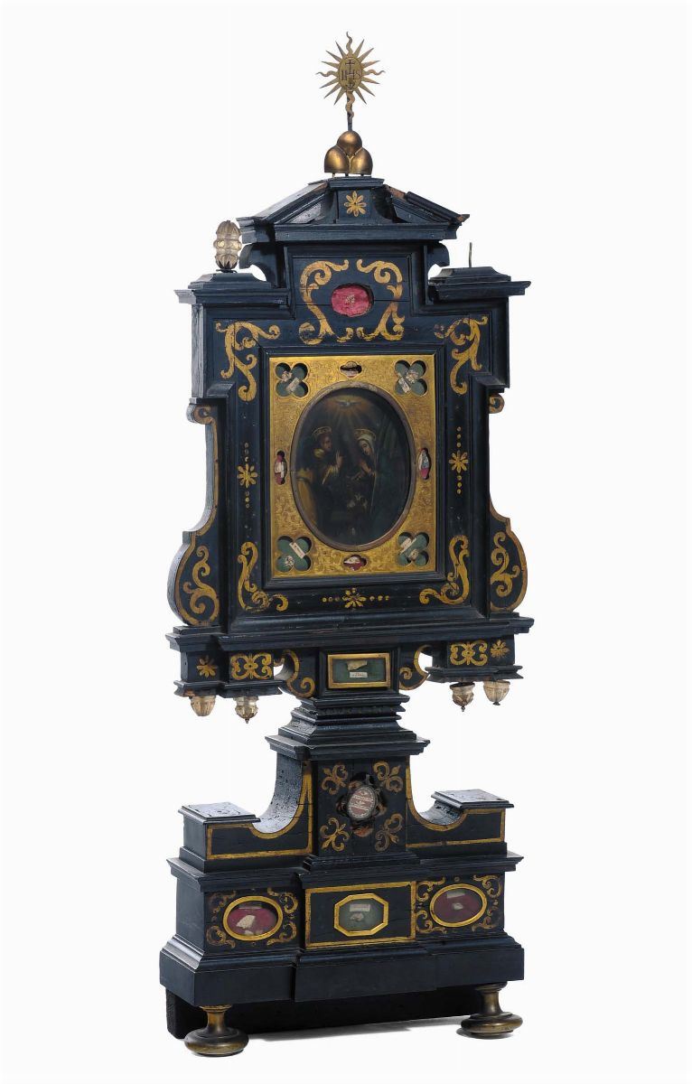 Grande reliquiario a tabella in legno ebanizzato e dorato, Toscana inizi XVIII secolo  - Auction Sculpture and Works of Art - Cambi Casa d'Aste