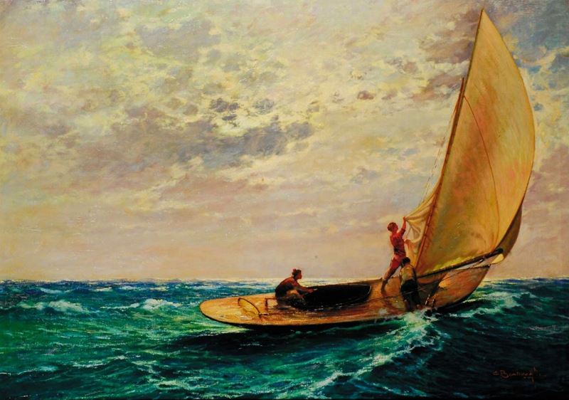 Cesare Bentivoglio (1868-1952) Marina con barca  - Asta Dipinti del XIX e XX secolo - II - Cambi Casa d'Aste