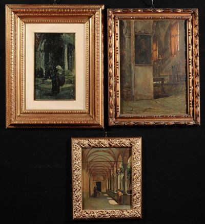 Tre Dipinti con Interni di Chiese e Soggetti Sacri