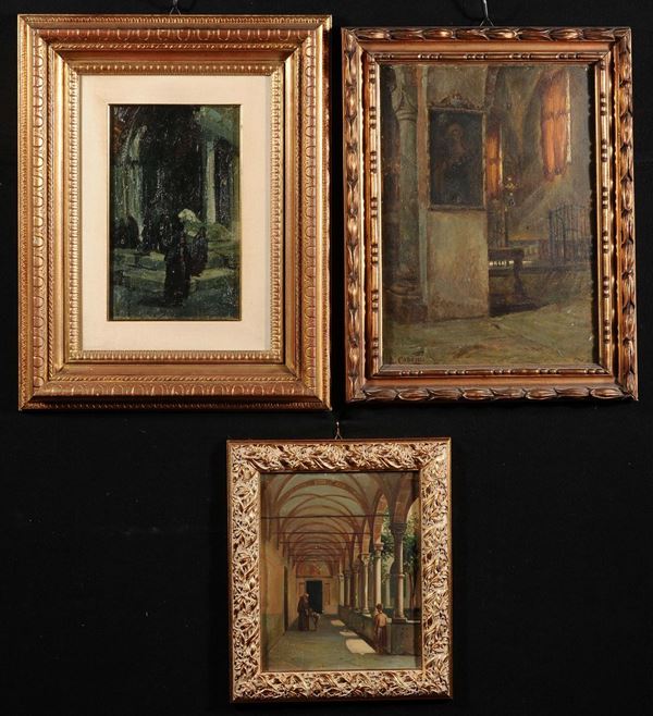 Tre dipinti con interni di chiese e soggetti sacri