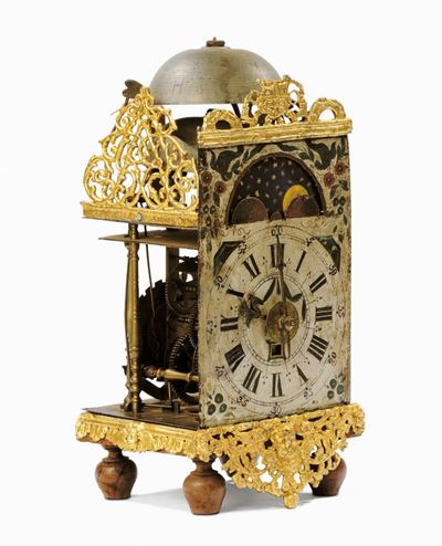 Orologio da Parete Stoelklok con Raro Movimento con Fasi Luna e Datario, Olanda 1760 Circa