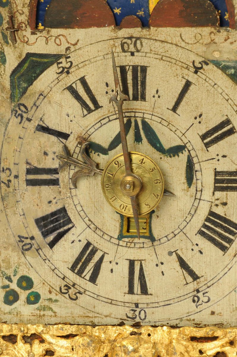 Orologio da Parete Stoelklok con Raro Movimento con Fasi Luna e Datario, Olanda 1760 Circa