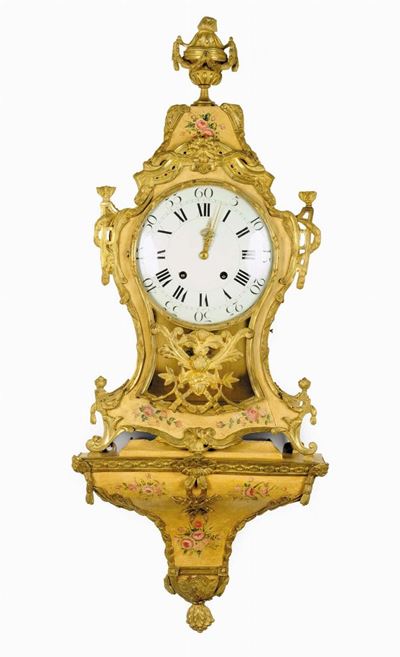 Orologio Cartel con Mensola, Cassa in Legno Laccato Nocciola, Svizzera 1760 Circa