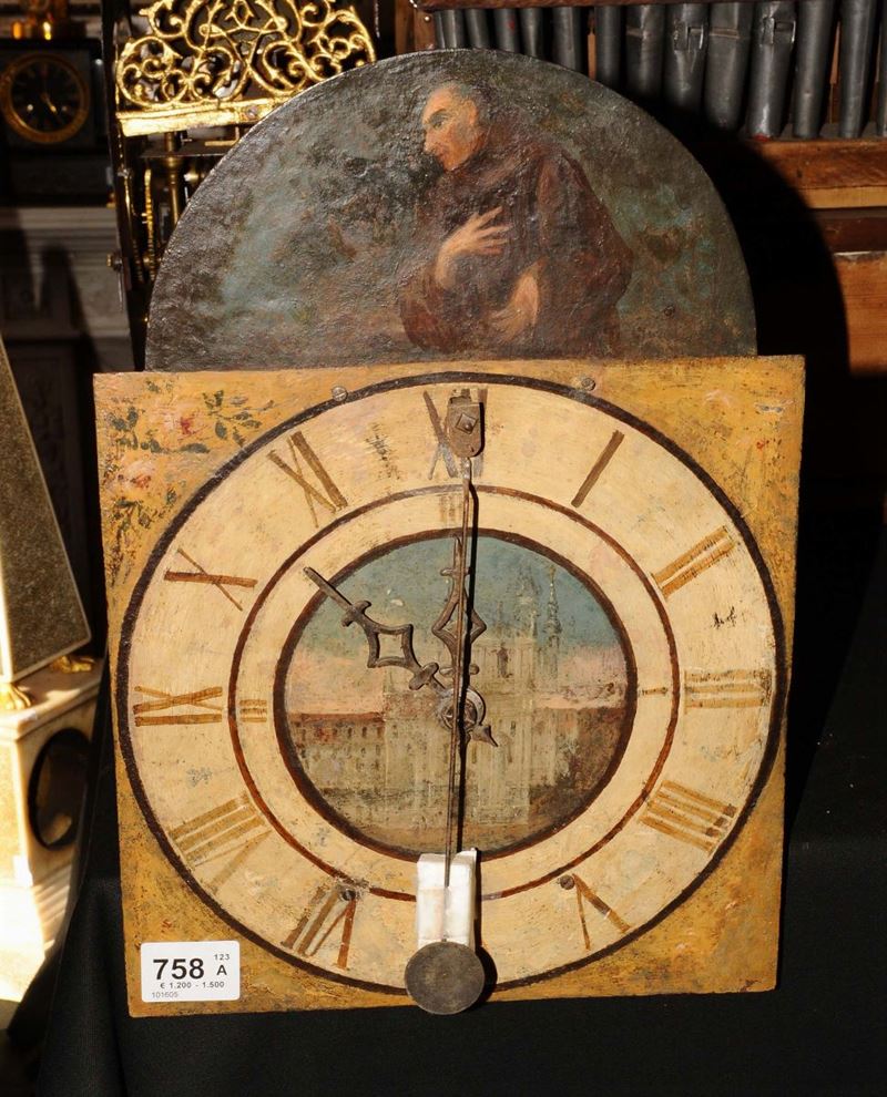 Orologio italiano da muro, quadrante in ferro dipinto policromia, Carnia 1760 circa  - Auction Pendulum and Decorative Clocks - Cambi Casa d'Aste