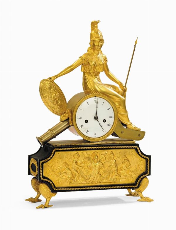Importante orologio da camino raffigurante Bellona, dea della pace, Francia fine XVIII secolo