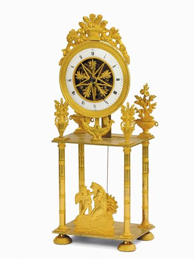 Pendola Scheletrata in Bronzo Dorato a Quattro Colonne Cesellate, Francia Inizio XIX Secolo