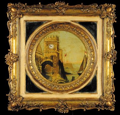 Quadro Orologio con Cornice a Pastiglia Dorata, Svizzera 1860 Circa