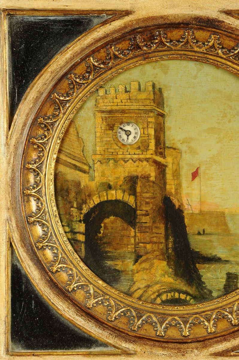 Quadro Orologio con Cornice a Pastiglia Dorata, Svizzera 1860 Circa