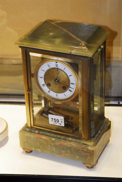 Pendola Cage in Onice Verde, Bronzo Dorato e Cristalli Molati, Francia 1880 Circa