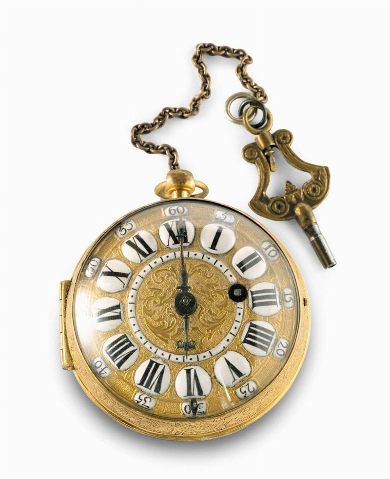 Orologio a cipolla firmato Du Quesne - Paris, Francia inizi XVIII secolo  - Asta Pendoleria e Orologid'Arredo - Cambi Casa d'Aste