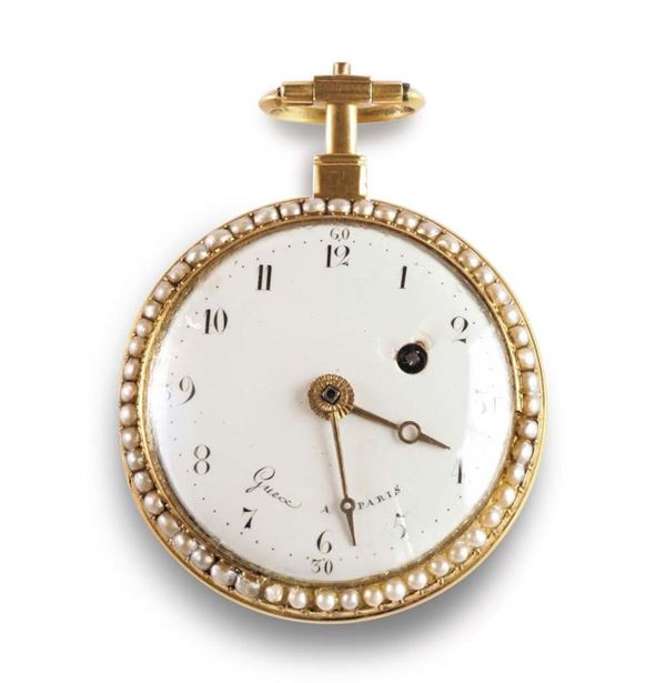 Orologio da tasca con cassa in oro contornata da mezze perline, Francia 1790 circa