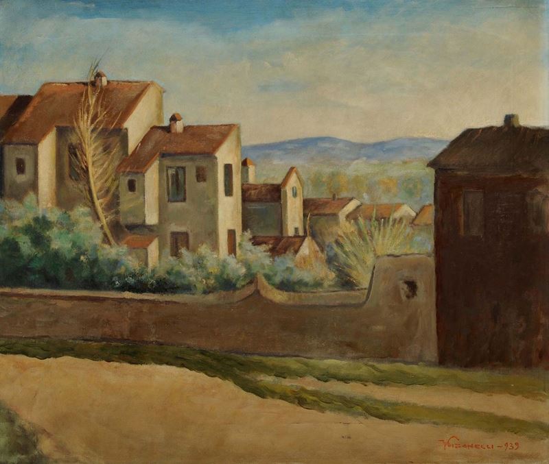 Ferruccio Pizzanelli (1879-1950), attribuito a Paese di collina  - Asta Asta OnLine 04-2012 - Cambi Casa d'Aste