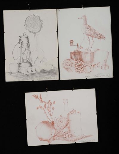 Lotto di Tre Disegni a Matita su Carta