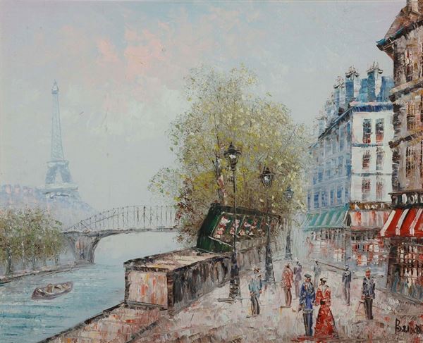 Lotto di due dipinti con vedute di Parigi