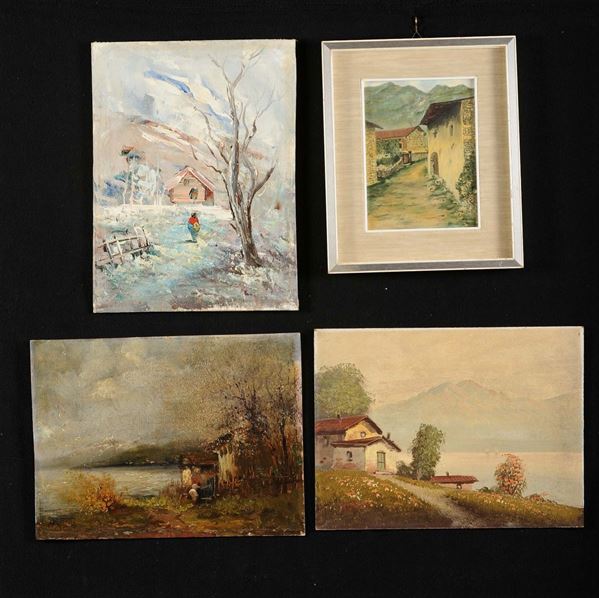 Lotto di cinque dipinti di autori diversi raffiguranti paesaggi