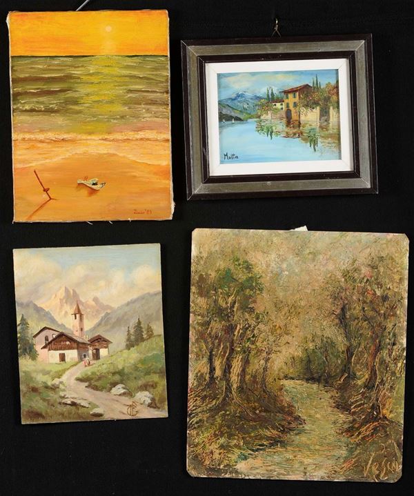 Lotto di cinque dipinti diversi raffiguranti paesaggi montani