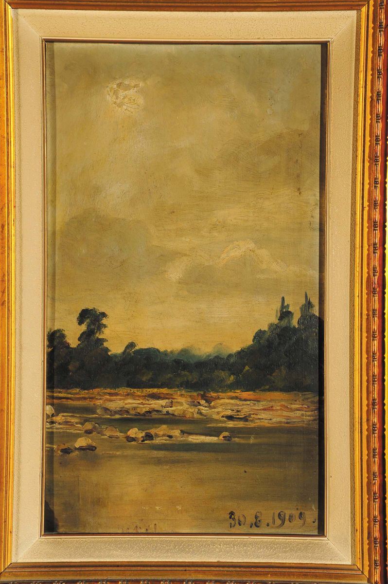 Nina Delleani  (1866-1953), attribuito a Paesaggio con torrente, 1909  - Auction 19th and 20th century paintings - II - Cambi Casa d'Aste