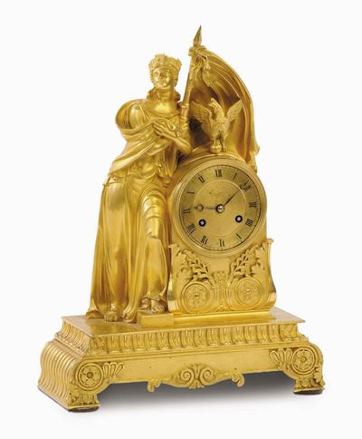 Pendola Carlo X in Bronzo Dorato Raffigurante la Personificazione Dell’italia, Francia XIX Secolo
