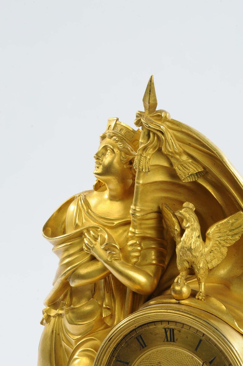 Pendola Carlo X in Bronzo Dorato Raffigurante la Personificazione Dell’italia, Francia XIX Secolo