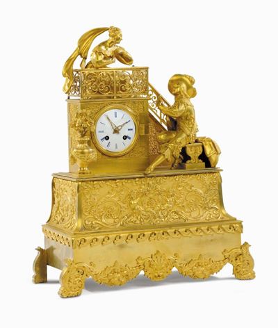 Pendola Luigi Filippo in Bronzo Dorato a Fuoco Raffigurante una Scena Romantica, Francia XIX-XX S...