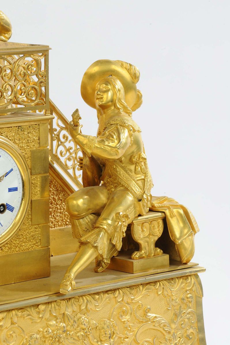 Pendola Luigi Filippo in Bronzo Dorato a Fuoco Raffigurante una Scena Romantica, Francia XIX-XX S...