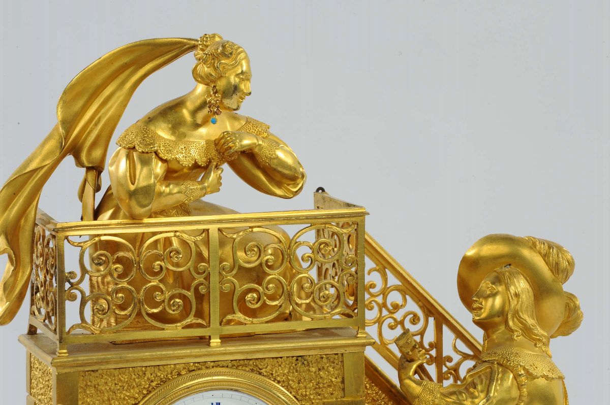 Pendola Luigi Filippo in Bronzo Dorato a Fuoco Raffigurante una Scena Romantica, Francia XIX-XX S...