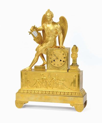 Pendola Carlo X in Bronzo Dorato a Fuoco Rappresentante le Arti, Francia XIX Secolo