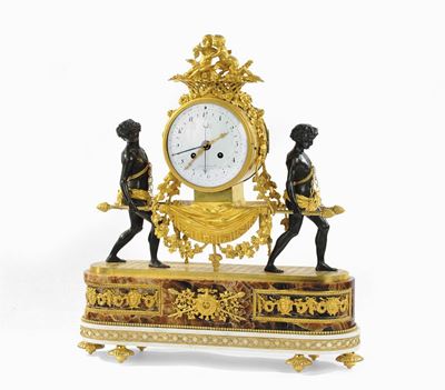 Orologio Luigi XVI in Bronzo Dorato e Patinato che Raffigura Bacco Bambino con Satiri Portantini ...