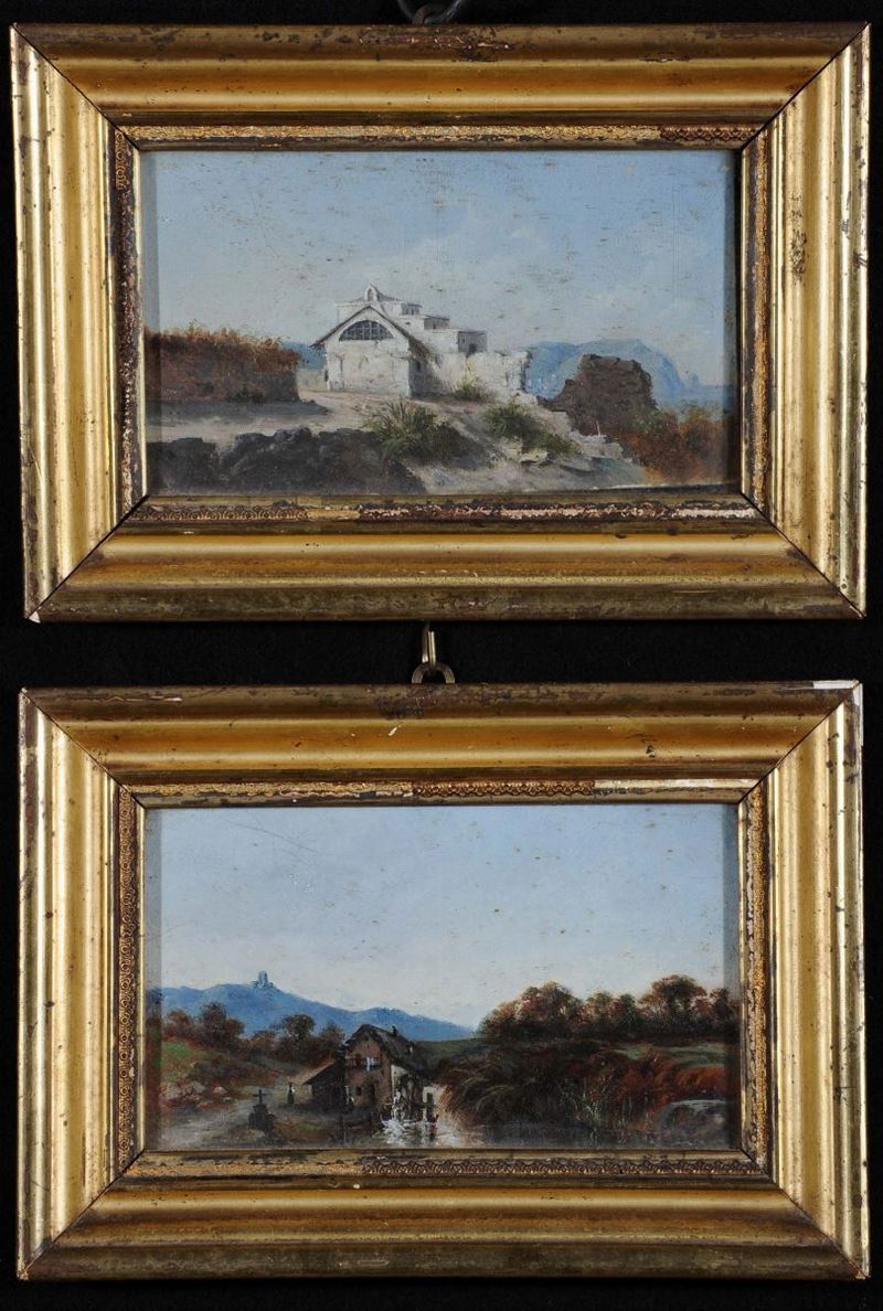Coppia di piccoli paesaggi ad olio su tavoletta  - Asta Antiquariato e Dipinti Antichi - Cambi Casa d'Aste