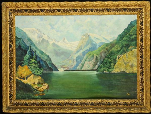 Anonimo del XX secolo Paesaggio montano con lago