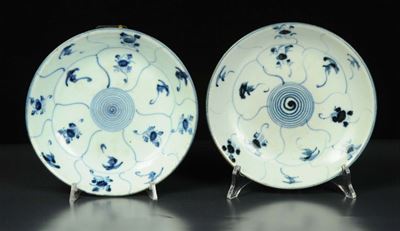 Coppia di Piattini in Porcellana Decorati con Spirale al Centro, Cina XX Secolo