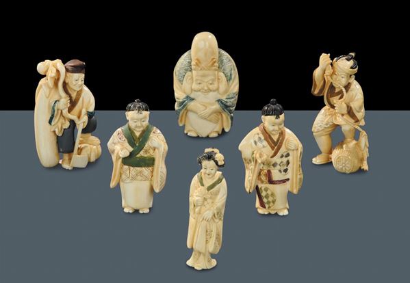 Sei figure in avorio dipinto raffiguranti personaggi, Giappone