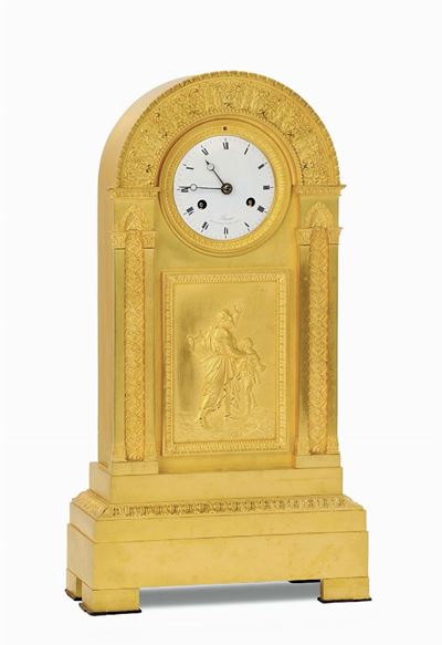 Pendola Impero Bassot con Cassa Ad Arco in Bronzo Dorato al Mercurio, Francia Metà XIX Secolo