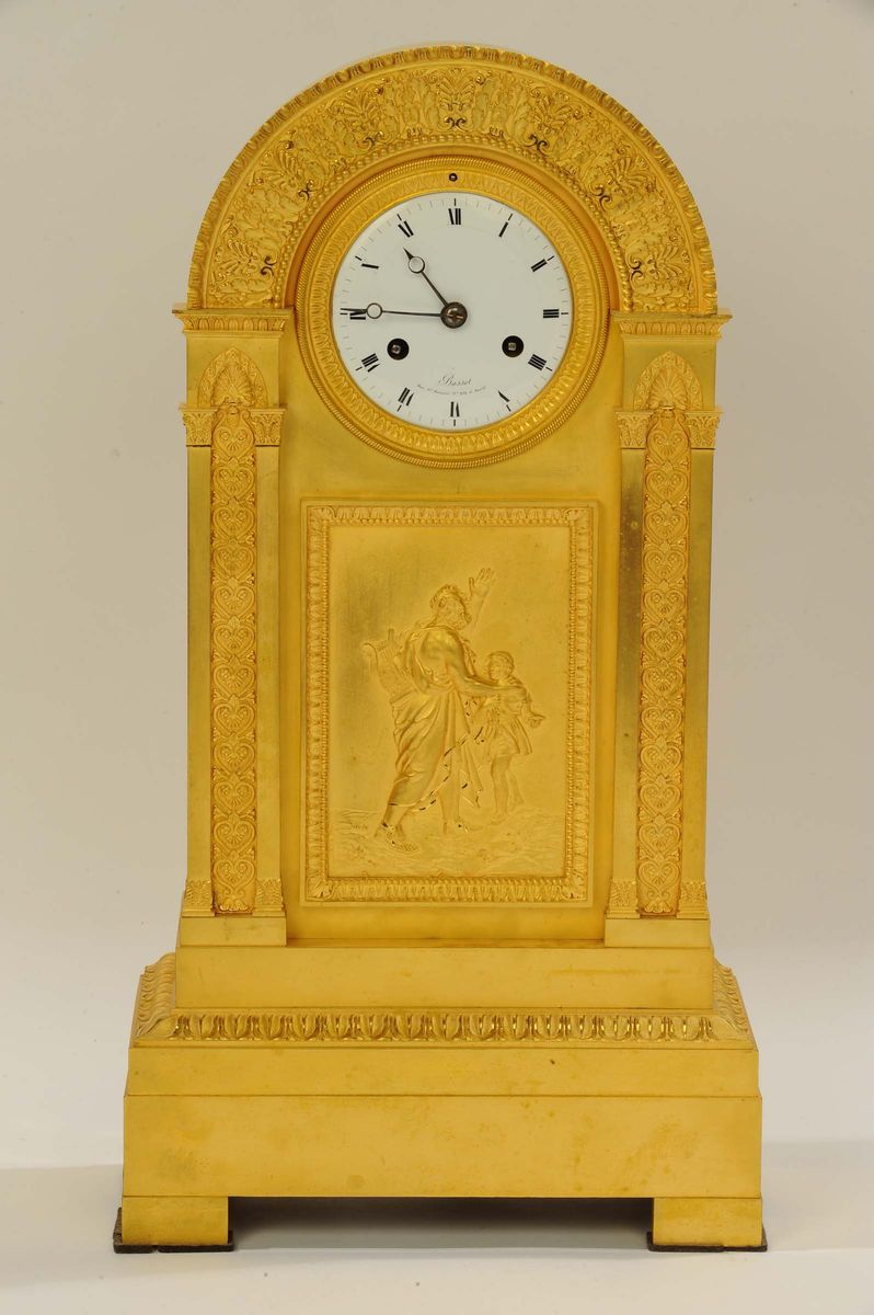Pendola Impero Bassot con Cassa Ad Arco in Bronzo Dorato al Mercurio, Francia Metà XIX Secolo