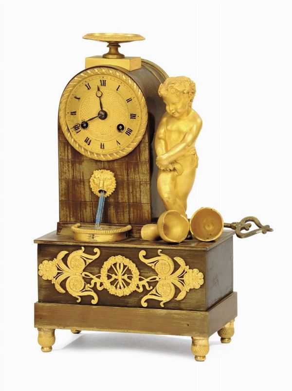 Orologio da tavolo Carlo X in bronzo con putto dorato, Francia 1830 circa