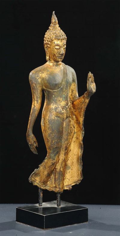 Walking Buddha in Bronzo Dorato, Tailandia XIX Secolo